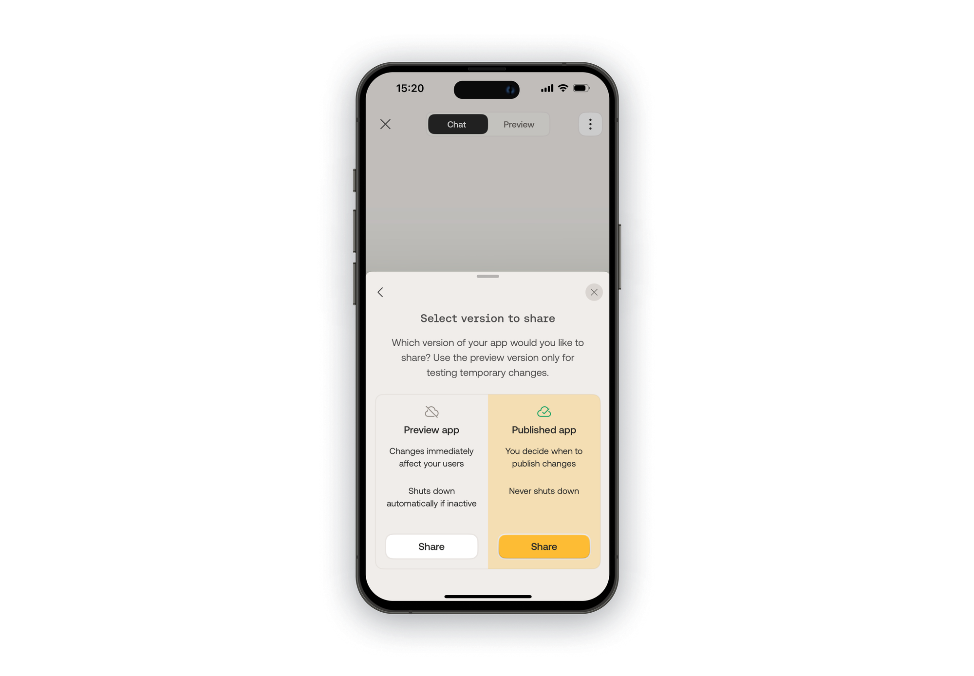 Select which version of your PWA to share