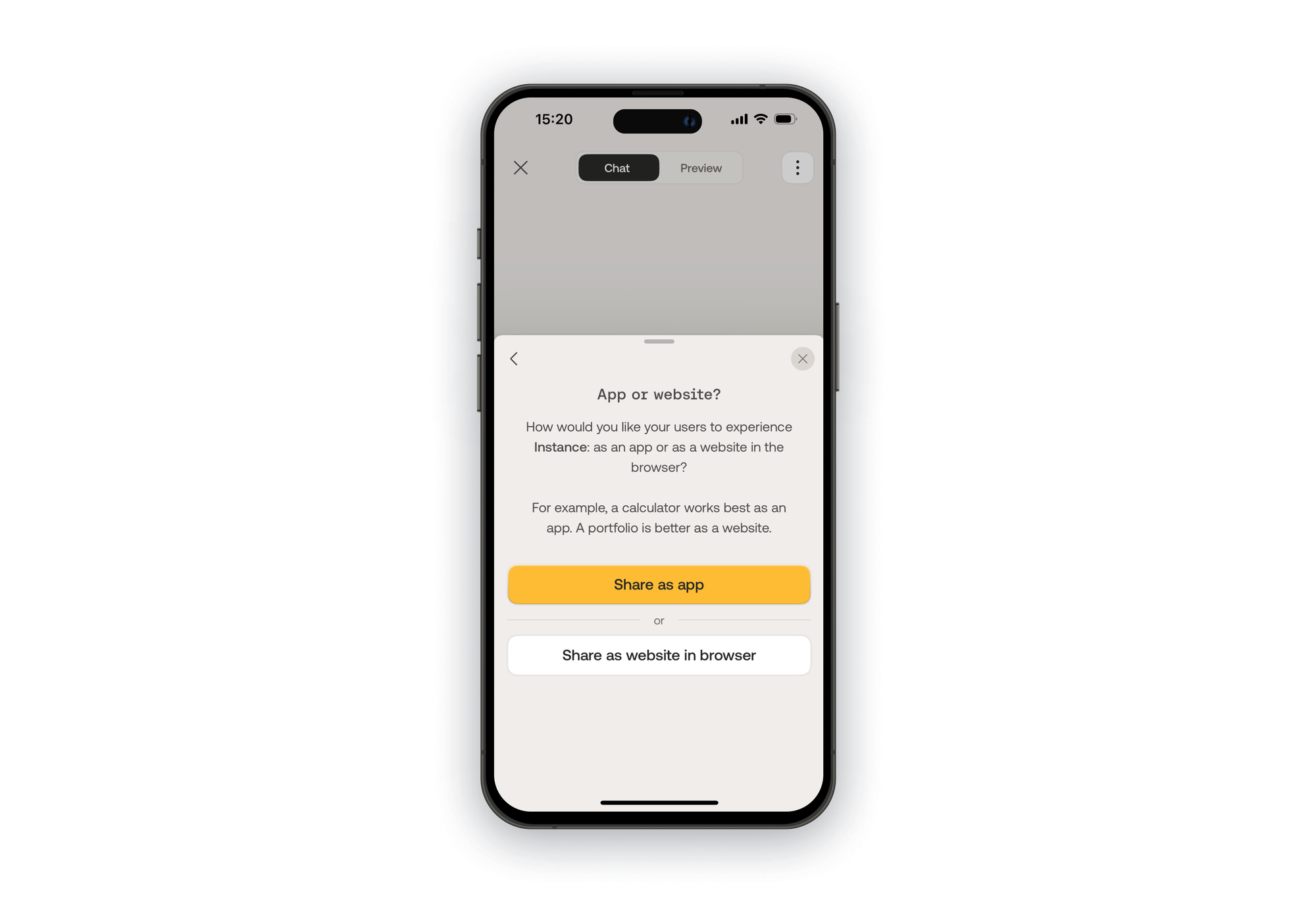 Decide to share as an app to share a PWA with your users 